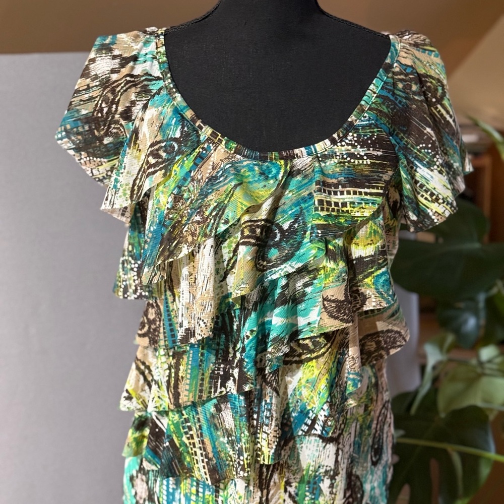 AB Studio Green and Brown Ruffle Sleeve Blouse